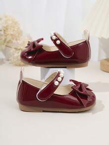 1 双女童公主鞋，亮面皮革鞋面，圆头蝴蝶结装饰，甜美可爱，适合公主裙、生日派对、表演、婚礼、室内外穿着 - 酒紅色 - 查看 4