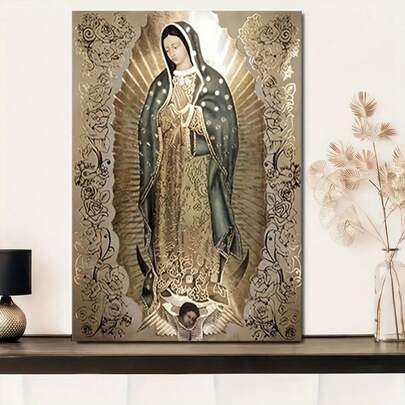 1 pieza Elegante póster de lienzo de la Virgen de Guadalupe - Arte moderno sin marco, adecuado para una decoración del hogar refinada, regalo ideal para la sala de estar y el dormitorio, decoración de pared de otoño, decoración religiosa | Arte religioso moderno | Impresión de lienzo detallada