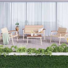 4-Piece Garden Furniture Set, All-Weather Beige Outdoor Patio Conversation Set W/Coffee Table, Loveseat, Wood Armrest - Beige - View 3