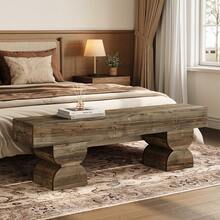 LITTLE TREE Entryway Bench, Solid Wood Shoe Bench, Farmhouse End Of Bed Stool With Sturdy Double Pedestal For Entryway, Living Room, Bedroom, Antique Gray Brown