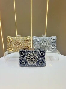 One Luxurious Shiny Sunflower Rhinestone Clutch Bag Box Type Evening Bag Glamorous Party Handbag Romantic Wedding Purse Formal Event Clutch Dance Party Bag Bride Bag Chain Bag,Tready Party Bag & Bride Bag,Tready Bride Bag, Perfect For Party,Wedding, Prom,Dinner/Banquet, Matching With Wedding Dress, Formal Dresses, Prom Dress, Birthday Dress, Party Dress, Essential Wedding Items,Perfectly Matching With Graduation Dress, Prom Dresses, Glamorous Rhinestone Bag - 銀色 - 查看 4