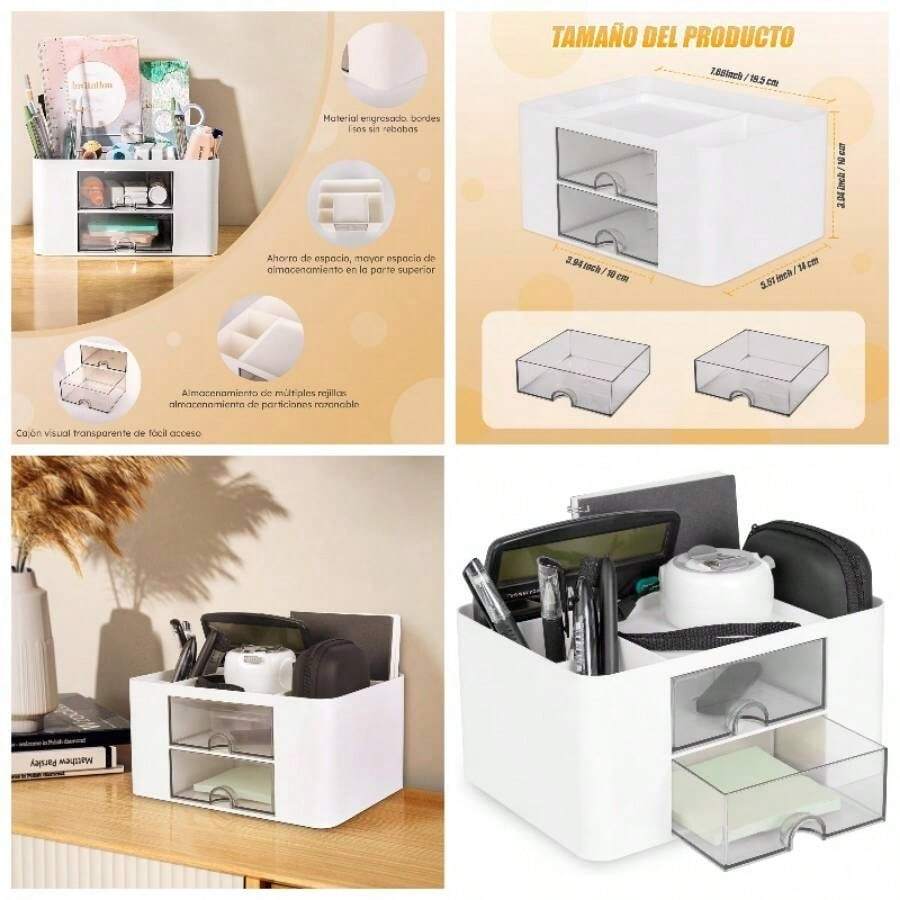 Organizador de Escritorio con cajn, Caja de Almacenamiento de plstico con 5 Compartimentos y 2 cajones, Caja de Almacenamiento de Escritorio para Escritorio, tocador, Oficina, Escuela, hogar - blanco - Ver 1