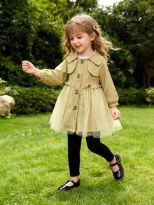 Girls' Mid-Length Trench Coat, Girls' Cute Solid Color Mesh Patchwork Single-Breasted Windbreaker, New Young Girl Tops, Girls' Elegant Clothing
