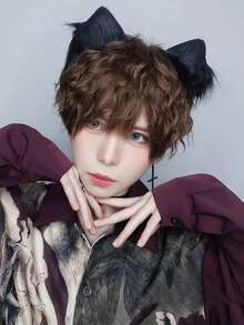 Men Synthetic Short Black Fireworks Perm Short Wave Curly Men Wig Anime Game Cosplay Fluffy Heat Resistant Wig For Daily Party White Blonde Cold Brown