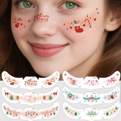 6件套可爱圣诞妆容脸贴可爱卡通圣诞派对雀斑临时脸部纹身圣诞装饰圣诞礼物