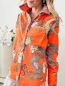 Everyday Comfort | Elegant Orange Dragon Print Shirt With Lace Fringe Detail - Vintage Style Long Sleeve Women's Shirt For Fall/Winter, Polyester, Opaque, Elegant Business Wear | Vintage Style Shirt - trái cam - Xem 1