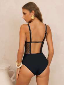 Aveloria Rosie 夏季海滩撞色网眼钢圈聚拢连体泳衣 - 黑色 - 查看 2