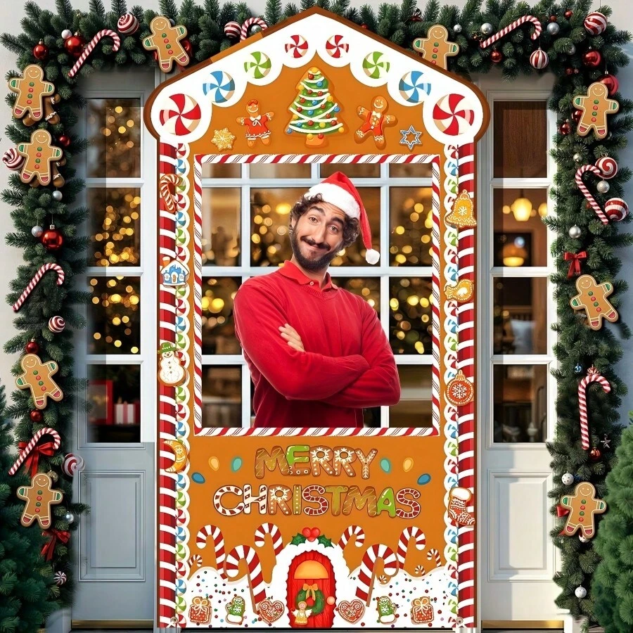Pancarta de puerta de pan de jengibre de Navidad - Juego de poliéster navideño, adecuado para la decoración del hogar, perfecto para photocalls y celebraciones de invierno