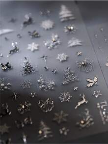 1 pezzo Adesivi per unghie natalizi eleganti con cristalli, decorazioni 5D invernali con fiocchi di neve, renne, stelle e fiocchi d'argento per unghie lunghe e corte, adatti per feste di Natale