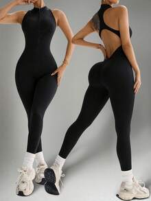 Sleeveless Workout Jumpsuit For Women Zip Up Romper Shorts V Back Scrunch Sexy One Piece Tummy Control Christmas - Black - View 3