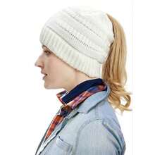 Lazy Ponytail Hole Design, Knitted Ponytail Hat For Women In Autumn And Winter, Lazy Wind Wool Hat, Versatile And Warm - 米色 - 查看 3