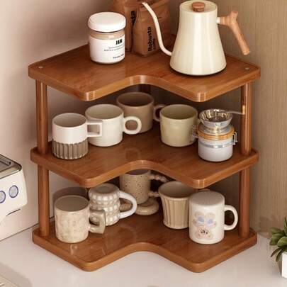 1 pieza Estantería de almacenamiento de esquina vintage de varios niveles, de material de madera, organizador de esquina de cocina, soporte para tazas/tazas/tazas de café, estantería de almacenamiento multifuncional para la mesa, estantería para especias, estantería de escritorio y organizador de artículos del hogar, adecuado para cocina, oficina, comedor, sala de estar y dormitorio