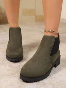 Women's Solid Color Round Toe Casual Fashion Slip-On Chelsea Ankle Boots - Army Green - View 3