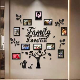 用10个亚克力相框打造家谱墙饰 - 使用您喜爱的照片，打造温馨浪漫的家谱墙贴。亚克力DIY墙贴相框贴纸适用于家居、客厅或任何房间。非常适合婚礼、情人节、感恩节、圣诞节、生日等各种场合。墙贴尺寸：47.2x47.2英寸