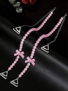 1 par de tirantes decorativos de sujetador para mujer en color rosa - Compatibles con vestidos sin espalda, con opciones de rosa/lazo/concha, cadena de pecho desmontable, de lujo ligero, versátil para reemplazar, ideal para vestidos sin espalda, blusas hombro descubierto, bodas
