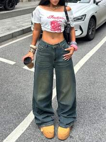 女士休闲水洗阔腿牛仔裤 - 深色水洗藍 - 查看 4