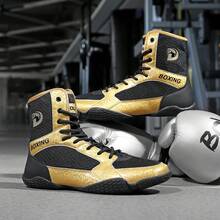 Sapatos de luta livre masculinos, sapatos de boxe de cano alto, sapatos de treino, botas de kickboxing, sapatos de artes marciais para fitness, sapatos esportivos profissionais de alta qualidade para homens, confortáveis, antiderrapantes, duráveis, respiráveis, com suporte para o tornozelo e sola texturizada. - Ouro Negro 25012 - Ver 2