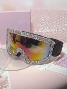 1pc Multi-Color Rhinestone Decor Versatile Protective Ski Goggles, Unique Design Concept & Designer Style, EU Appearance Patent Protection 0150688630006 - Double Row Diamond Ski Goggles
