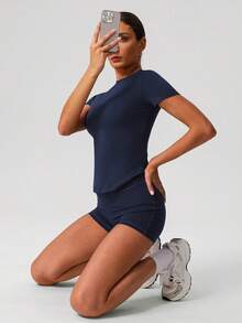 Sodalemon Women's Seamless Casual Butt-Lifting Solid Color Yoga Running Sports Shorts - Màu xanh hải quân - Xem 7