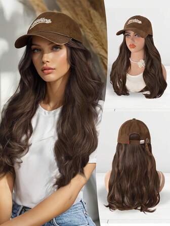 16-Inch Long Wavy Hair Extension Brown Baseball Cap - High-Temperature Synthetic Fiber, Easy To Style And Maintain For Autumn And Winter Wear, Adding Volume And Length To Your Hairstyle. Ladies' Wigs, Hats And Wigs
