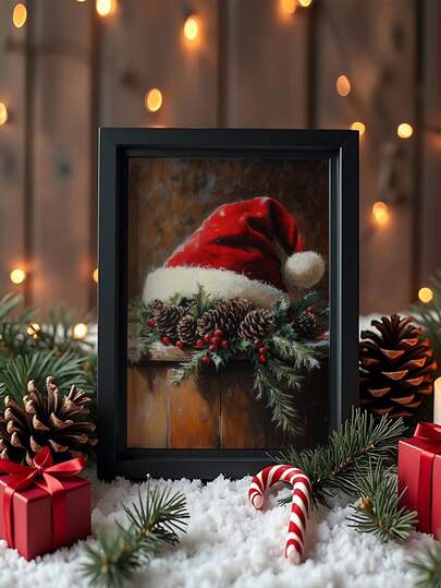1 件复古圣诞帽帆布印刷品：舒适的圣诞墙壁艺术，无框，非常适合卧室、客厅或书店装饰，带有雪景和冬青装饰的圣诞主题海报，圣诞墙壁艺术