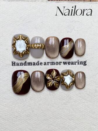 10片手工圆形美甲片，人造按压式美甲，适合短指甲，简约棕金渐变美甲，棕色闪亮猫眼，闪粉手绘不对称线条，可爱简约优雅奢华秋季美甲，秋季按压式美甲，多功能美甲DIY假指甲，适合派对、日常、约会、海滩、热带度假等场合，可重复使用，适合女性和女孩作为礼物，美甲用品