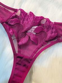 New Women's Fashionable & Charming Lace-Mesh Paneled Lingerie Set With Purple Floral Embroidery – A Romantic Surprise For Her - Màu tím - Xem 4