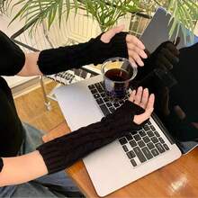 1 Pair Solid Color Casual Knitted Fingerless Gloves/Arm Warmers For Women, Y2K Autumn/Winter Long Knitted Half-Finger Warm Gloves