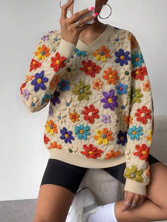 女式落肩针织花卉印花卫衣，V 型领口，四季百搭，3D 数码印花，可搭配夹克穿着