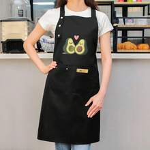 Cute Kawaii Avocado Print Apron For Women - High Quality & Polyester Kitchen Apron With Two Pockets, Adjustable Neck Strap & Golden Buckles - Perfect For Cooking, Baking, Home Chefs, Cooking Wear, Playful Kitchenwear, Durable Fabric, Food Prep Accessory - màu đen - Xem 1
