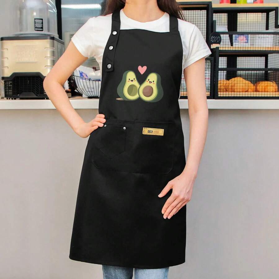 Cute Kawaii Avocado Print Apron For Women - High Quality & Polyester Kitchen Apron With Two Pockets, Adjustable Neck Strap & Golden Buckles - Perfect For Cooking, Baking, Home Chefs, Cooking Wear, Playful Kitchenwear, Durable Fabric, Food Prep Accessory - màu đen - Xem 1