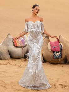 Faeriesty 优雅露肩美人鱼晚礼服，饰以流苏、薄纱和亮片珠饰几何图案——飘逸的鱼尾裙，适合婚礼、盛大晚宴、正式晚宴等春季场合。 - 杏色 - 查看 6