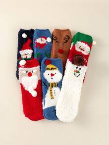 Random 3 Pairs Of Children's Socks Winter Coral Velvet Socks Cute Cartoon Christmas Socks For Girls Half Velvet Thickened Warm Home Sleeping Socks Three-Dimensional Ear Plush Ball, Cute And Fun