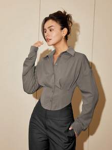 Áo blouse nữ màu trơn tay dài chiết eo thanh lịch, áo sơ mi cardigan casual, trang phục thu cho nữ, phong cách công sở casual, quần áo Eid màu đen - Màu xám đen - Xem 6
