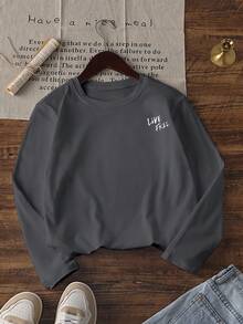 1pc Boys' Casual Beach Coconut Tree & Wave Print Crew Neck Long Sleeve T-Shirt, Loose Fit Student Clothing, Autumn, Cool Black Silhouette - Dark Grey - View 5