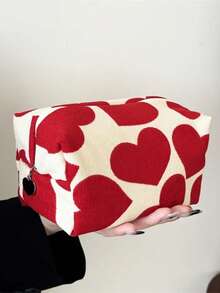 1pc Women Large Capacity Heart Print Pattern Makeup Bag Clutch Cosmetic Organizer Travel Wash Toiletries Storage Bag Makeup Pouch