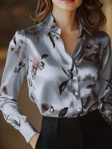 1 件花卉印花纽扣长袖衬衫，适合约会、节日、生日、派对、旅行、春秋季 - 灰藍色 - 查看 5