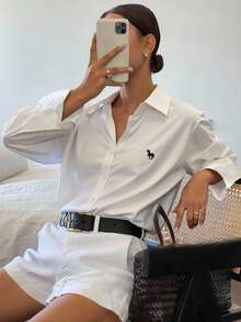 Livesso 女式秋季马图案落肩长袖单排扣休闲宽松衬衫，秋季女装 - 白色 - 查看 2