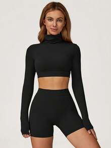 MASKERT 女士运动上衣、瑜伽服、高领、短款、短款、长袖、修身、修身瑜伽健身服