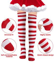 1 Set Women's Christmas Striped Thigh High Socks + Gloves, Red/White, Green/White, Red/Green, Purple/Black Striped Knee Socks, Suitable For Stage Performance, Cosplay, Christmas Party, Winter Warm Socks, Y2K Style