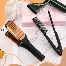 2 Pcs Boar Bristle Brushes - Double Sided Clamp Brush And Flat Iron Comb Straightening Knotty, Unkempt Hair Black White, Black - 金色,黑色 - 查看 4