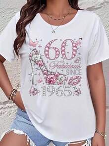White Women's T-Shirt With 60th Birthday Fabulous Since 1965 High Heel And Floral Rhinestone Print - Perfect For 60th Birthday Celebration, Party Outfit, Or Gift