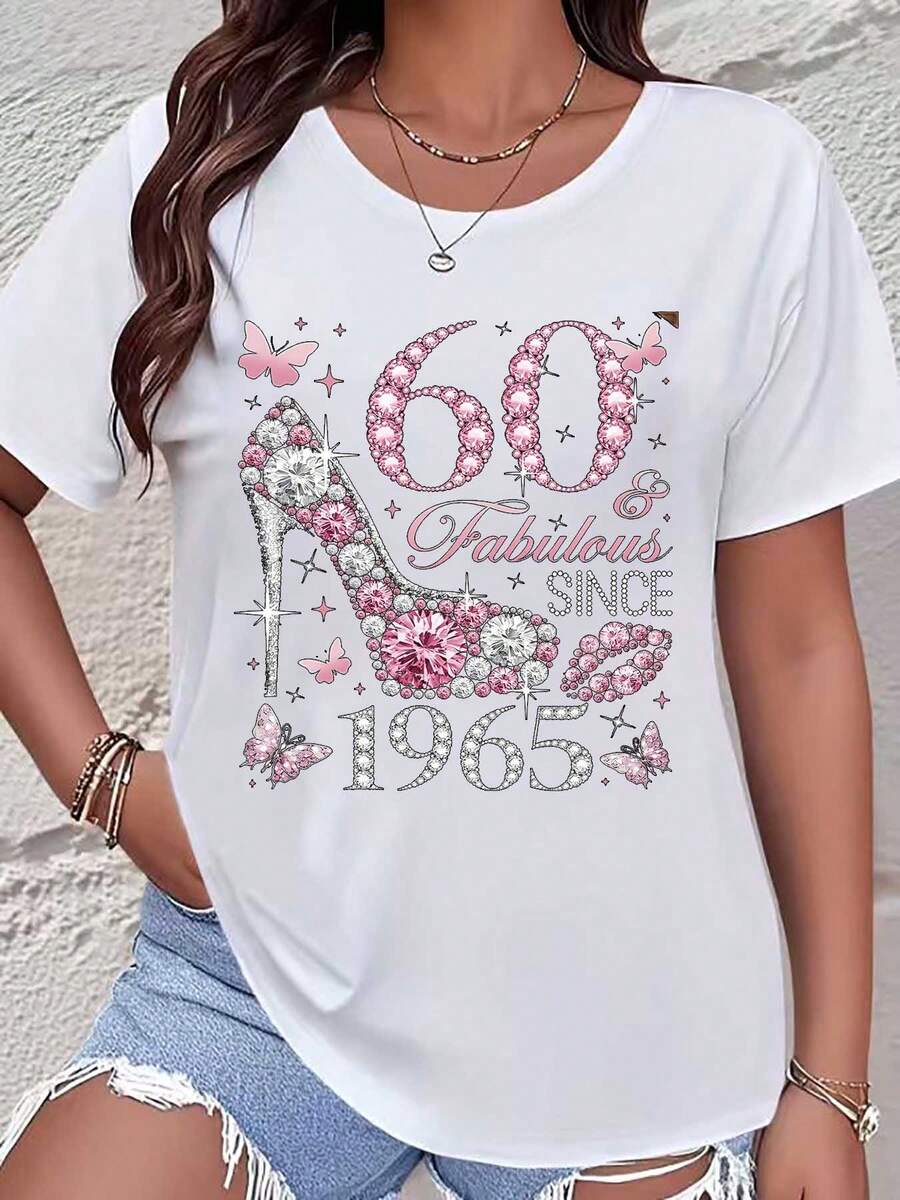 White Women's T-Shirt With 60th Birthday Fabulous Since 1965 High Heel And Floral Rhinestone Print - Perfect For 60th Birthday Celebration, Party Outfit, Or Gift