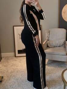 女士条纹印花长袖上衣和休闲直筒裤两件套，秋冬 - 黑色 - 查看 2