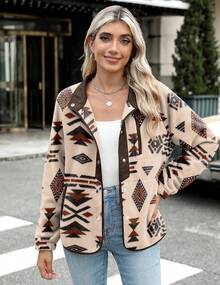 Women's Cozy Fleece Jacket Western  Print Snap Button Down Coat With Pockets Casual Warm Outwear 2025 - 灰色圖案 - 查看 6