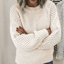 Open-Knit Lantern Sleeve Sweater For Women - Fall & Winter Soft Skin-Friendly Oversized Casual Versatile Gentle-Style Top | Mock-Neck Breathable Slim-Fit Pullover; Soft Skin-Friendly Pullover, Mock-Neck Oversized Casual Top, Gentle-Style Versatile Breathable Sweater - 杏色 - 查看 5