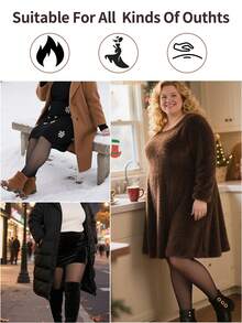 1-Piece Plus Size Women's High-Waist Fleece-Lined Fake Sheer Tight Leggings - Stretchy Non-Tight, Fits Body Curves, Butt-Lifting & Tummy-Control Base Layer, Ideal For Autumn/Winter Layering, Warm & High-Quality - 咖啡 - 查看 6