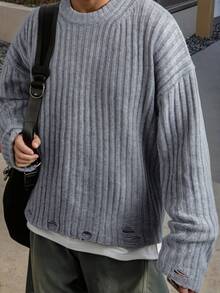 男女皆宜的韩版罗纹破洞下摆毛衣，休闲圆领宽松针织衫，适合秋冬季返校穿搭 - 灰色 - 查看 1