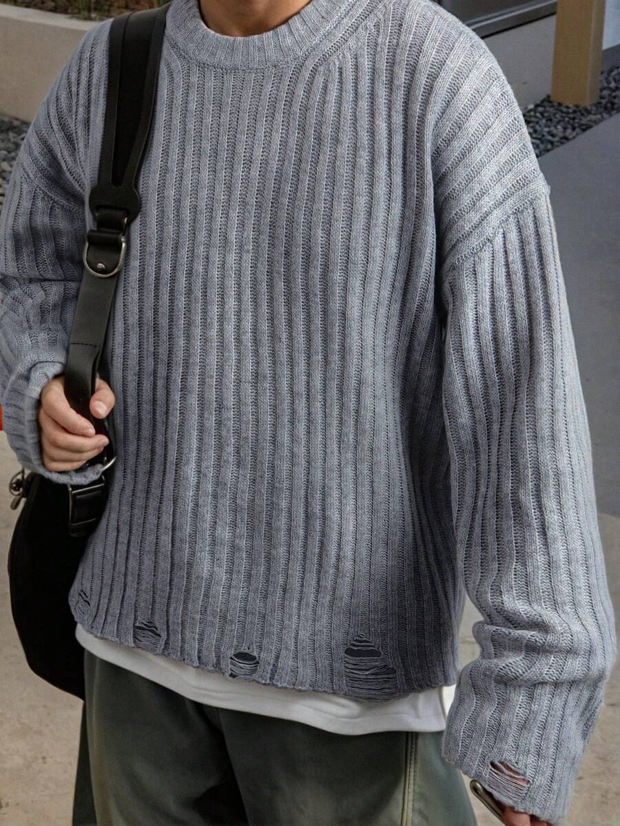 男女皆宜的韩版罗纹破洞下摆毛衣，休闲圆领宽松针织衫，适合秋冬季返校穿搭 - 灰色 - 查看 1