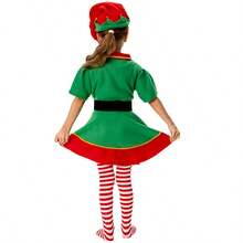 圣诞精灵儿童套装万圣节角色扮演服装儿童绿裙子+条纹袜+尖顶帽+腰带角色扮演派对服装 - 綠色 - 查看 7